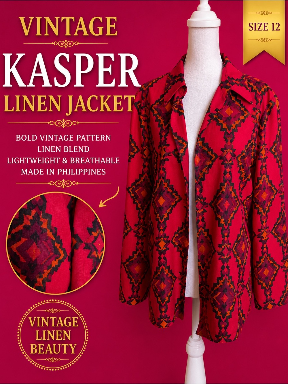 Vintage Kasper Linen Blend Southwestern Jacket Red Geometric Size 12